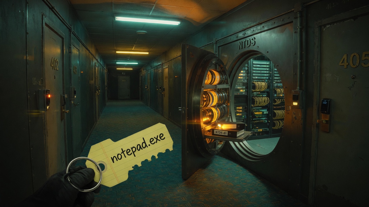 A notepad key that now opens a vault door labeled NTDS