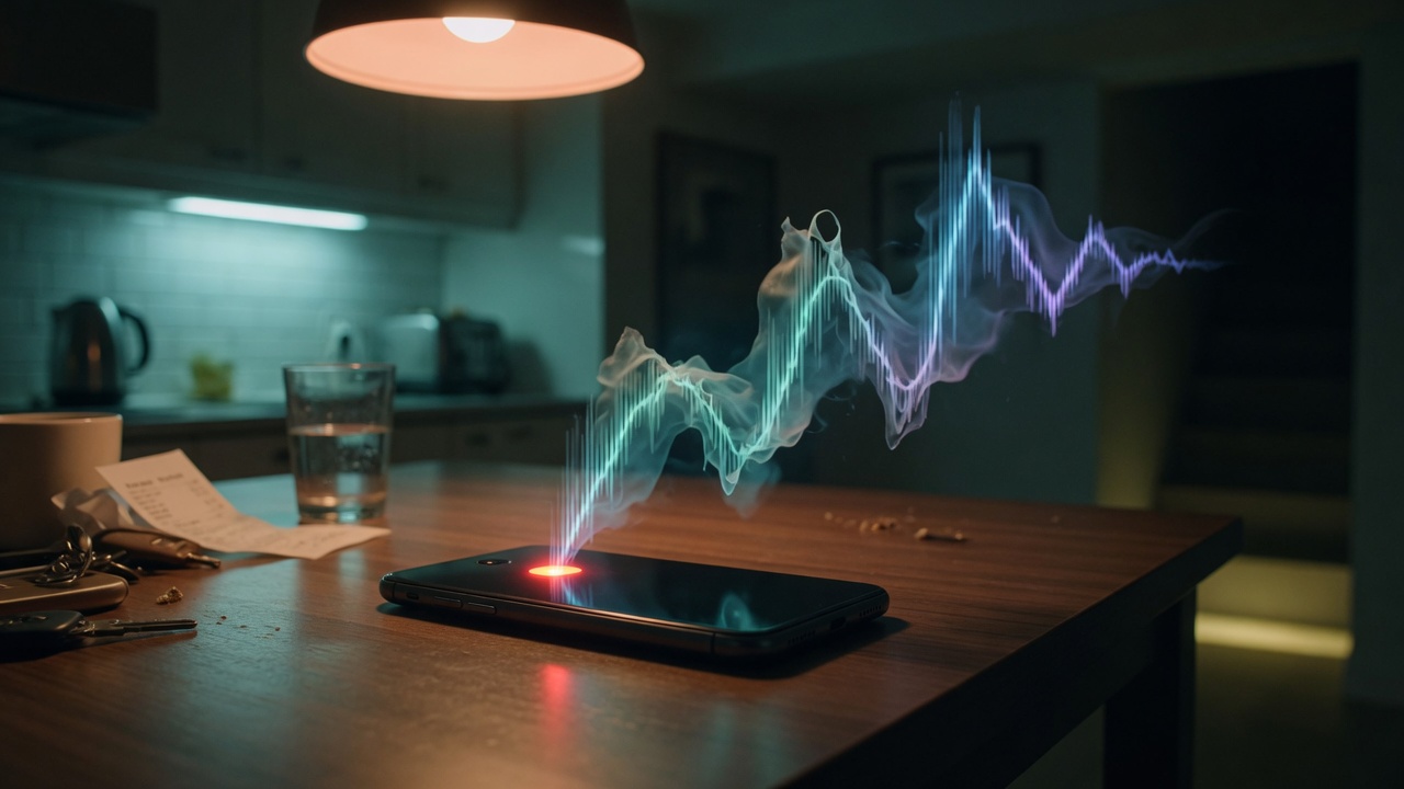 An unopened phone on a kitchen table with audio unspooling from the notification light