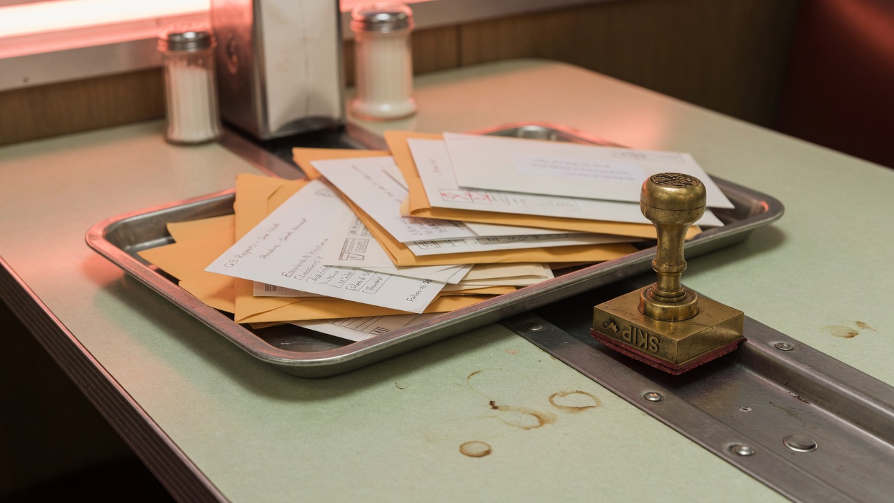 A cafeteria tray that only slides forward, stacked with envelopes