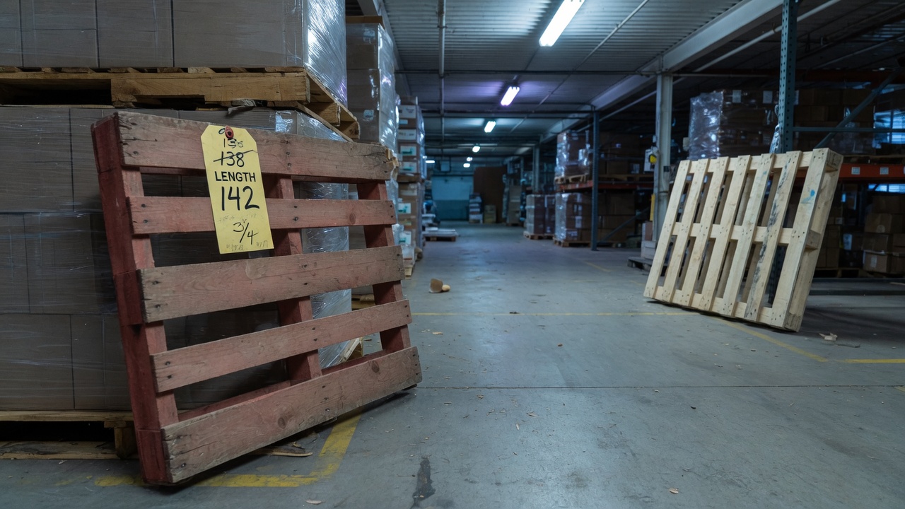 A warehouse pallet with a length tag and empty floor as a guard page
