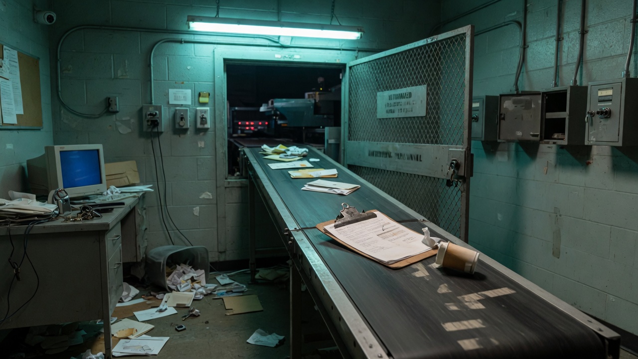 A locked mailroom with a hardware conveyor running through the wall