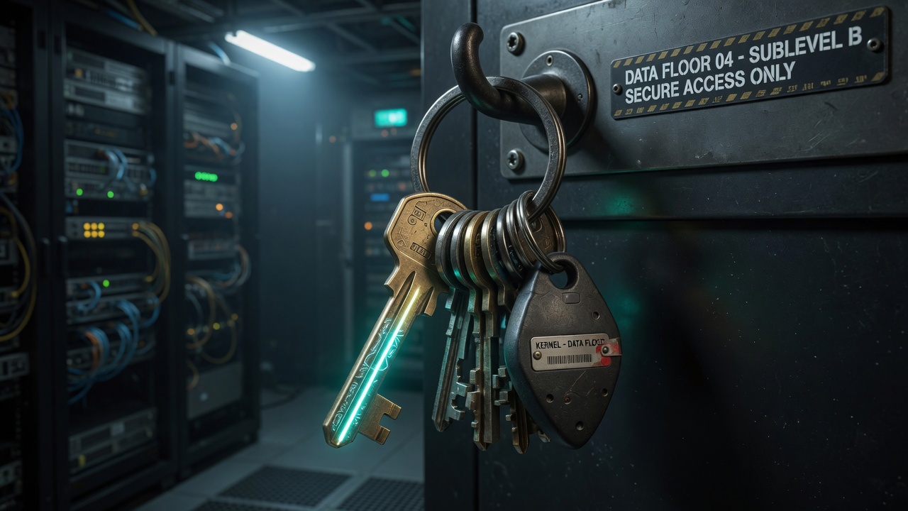 A master key ring on a dark metal data-floor, one key glowing