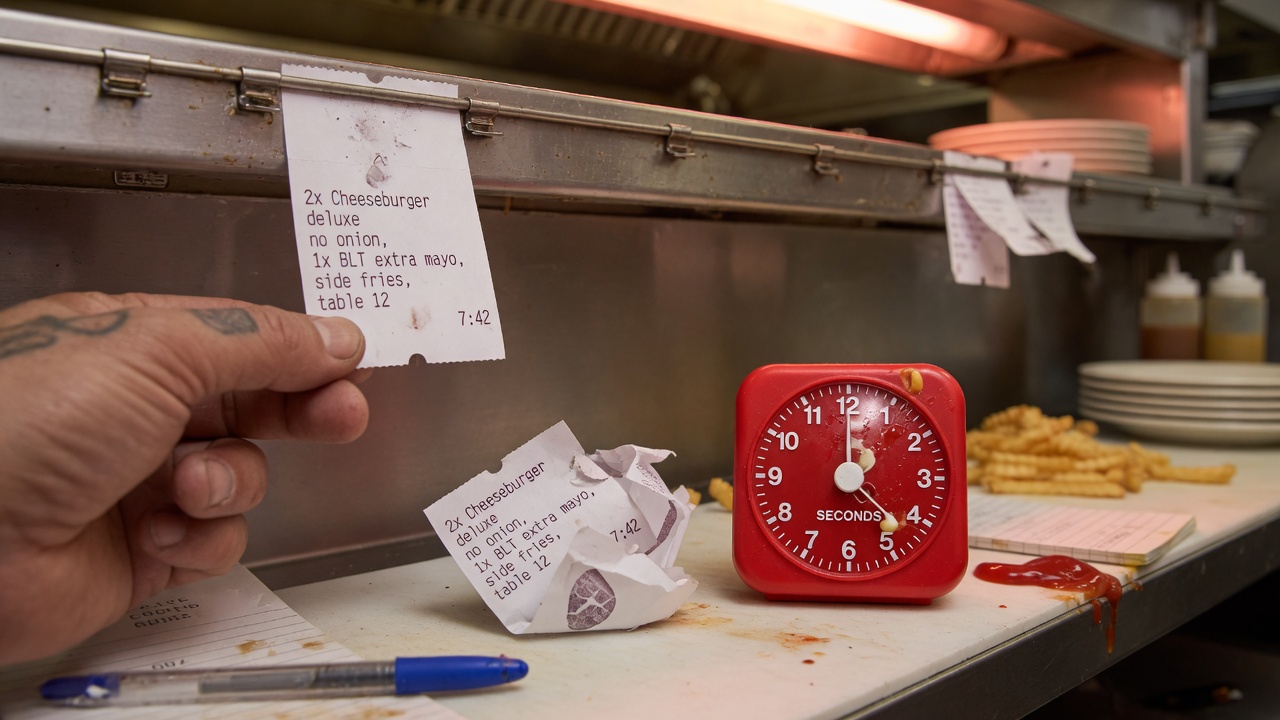 A kitchen ticket rail and a 16-second timer; the cook still reading a ticket already thrown away