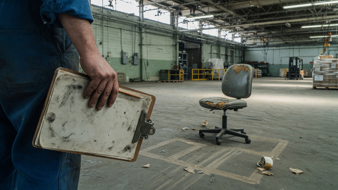 A worker still holding a clipboard after the desk was hauled away