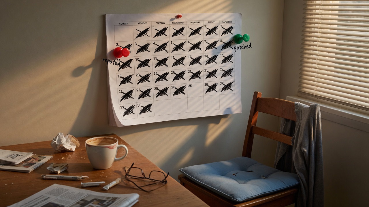 A wall calendar with many days crossed between reported and patched