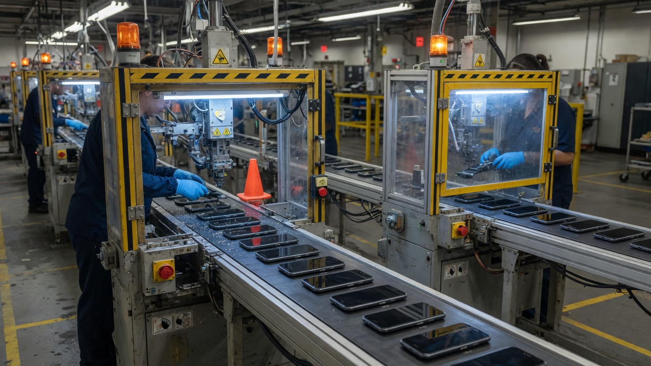 Two phone assembly lines; one machine is missing its safety guard