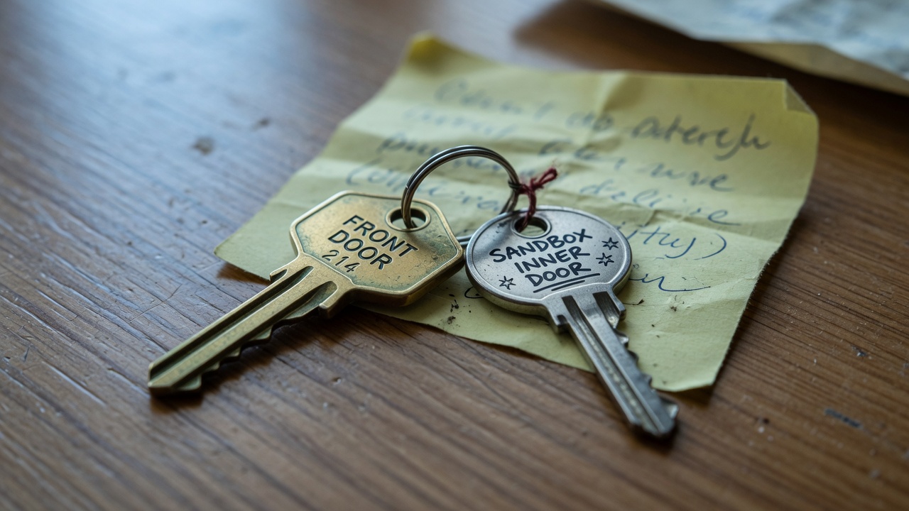 Two keys on a table: front door and inner sandbox door