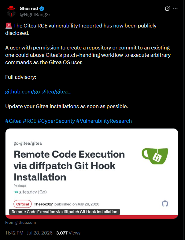 Public disclosure of CVE-2026-60004 and the Gitea diffpatch RCE advisory