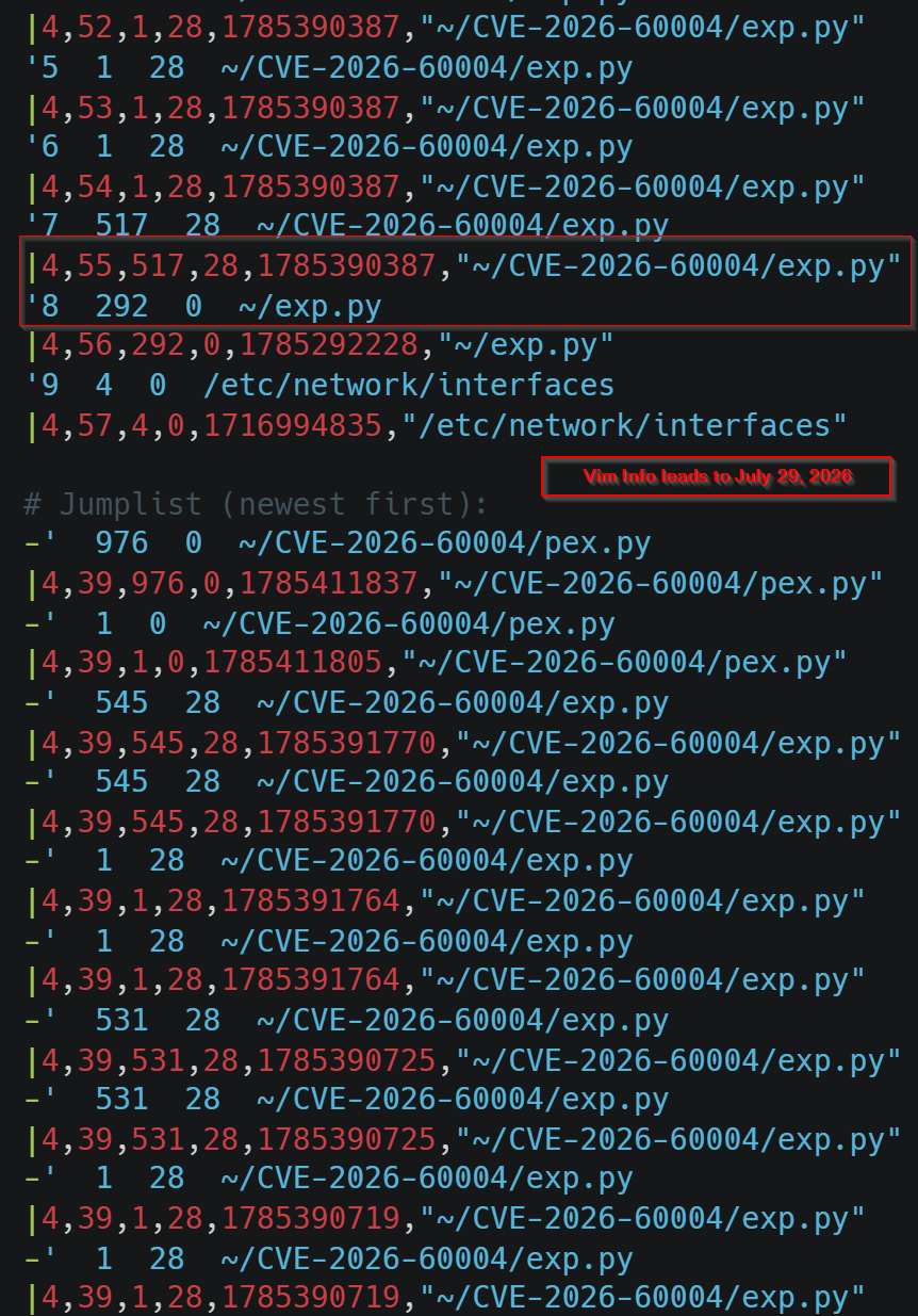 viminfo history of the exploit script