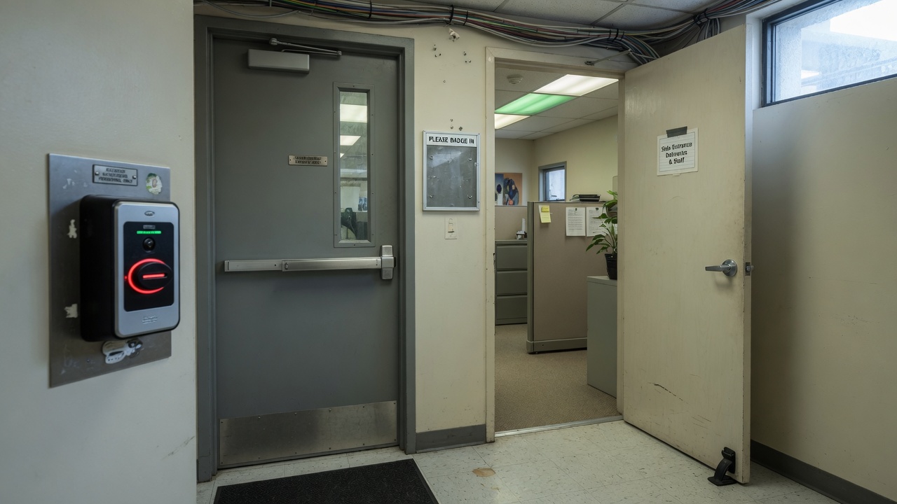 Badge reader on the front door, unlocked side door to the same office