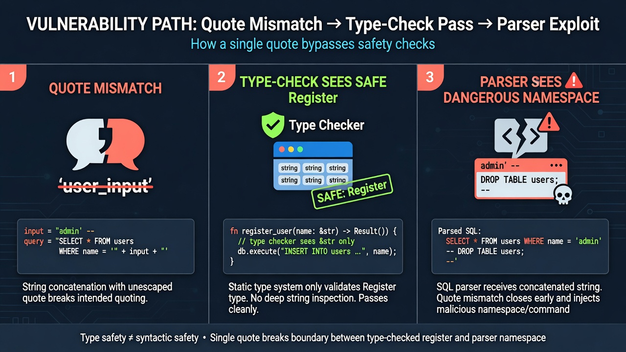 Three-stage bypass: quotes, safe check, dangerous parse