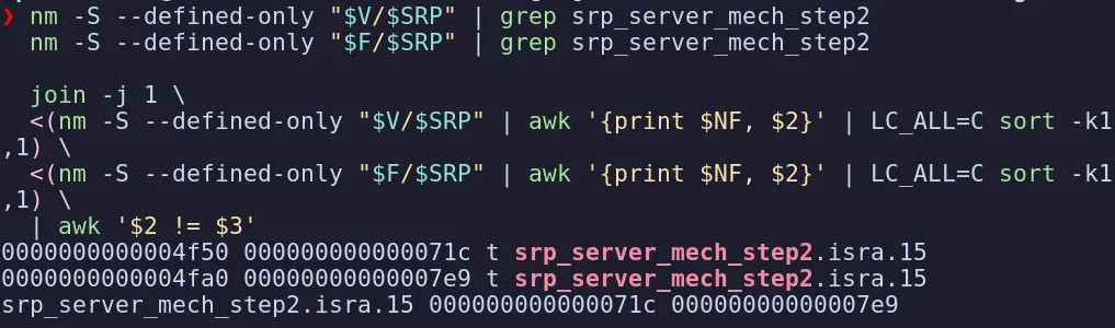 nm -S showing srp_server_mech_step2 size 0x71c vs 0x7e9