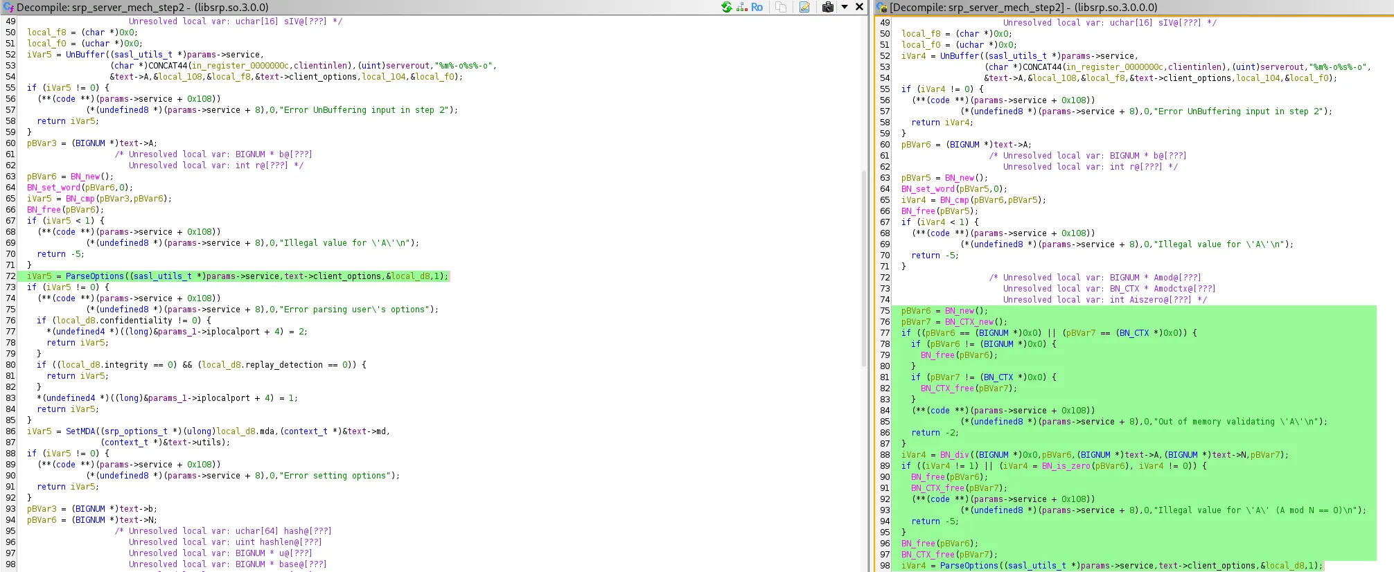 Ghidra side-by-side: patched build inserts A mod N == 0 check with BN_div