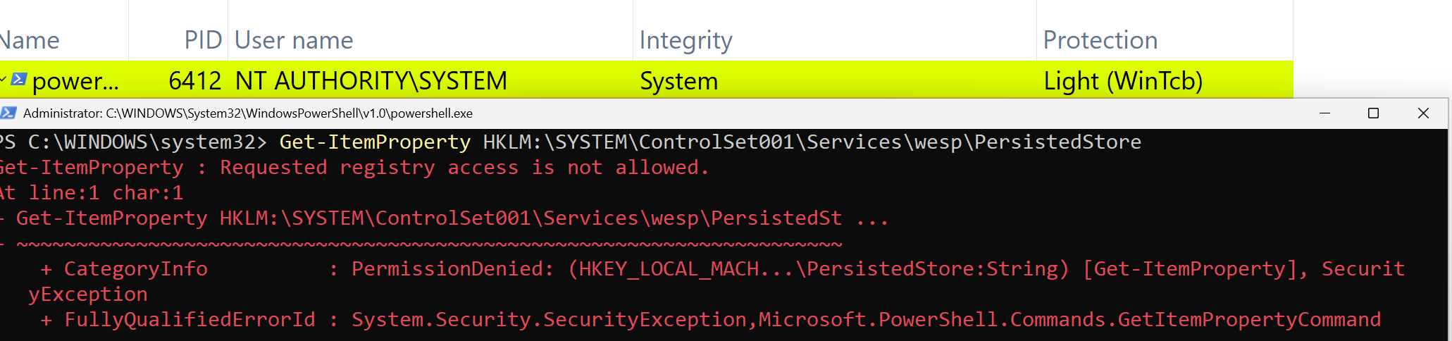 WESP persisted client registry access denied even as WinTcb PPL