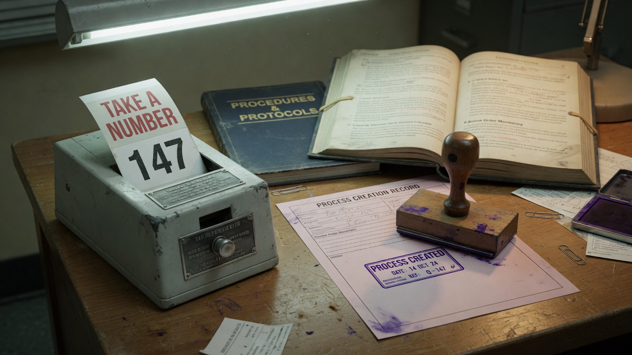 A queue ticket dispenser next to a rule book