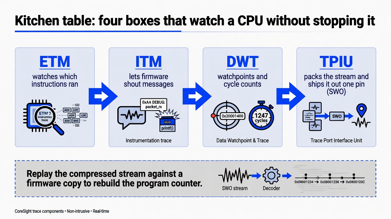 Kitchen-table diagram of ETM, ITM, DWT, TPIU and the SWO pin