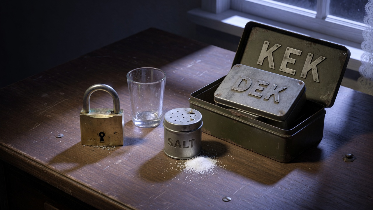 Nested boxes labeled KEK and DEK next to a salt cellar and an empty glass