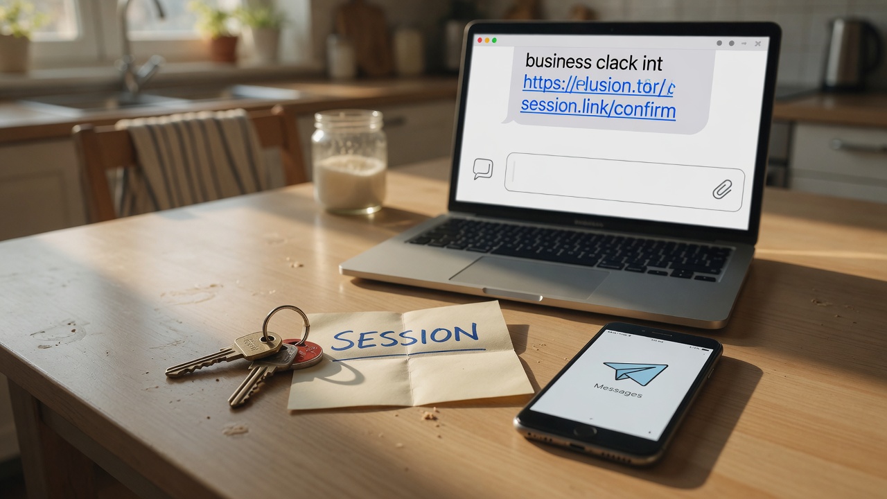 A laptop on a kitchen table showing a single chat link next to a house key