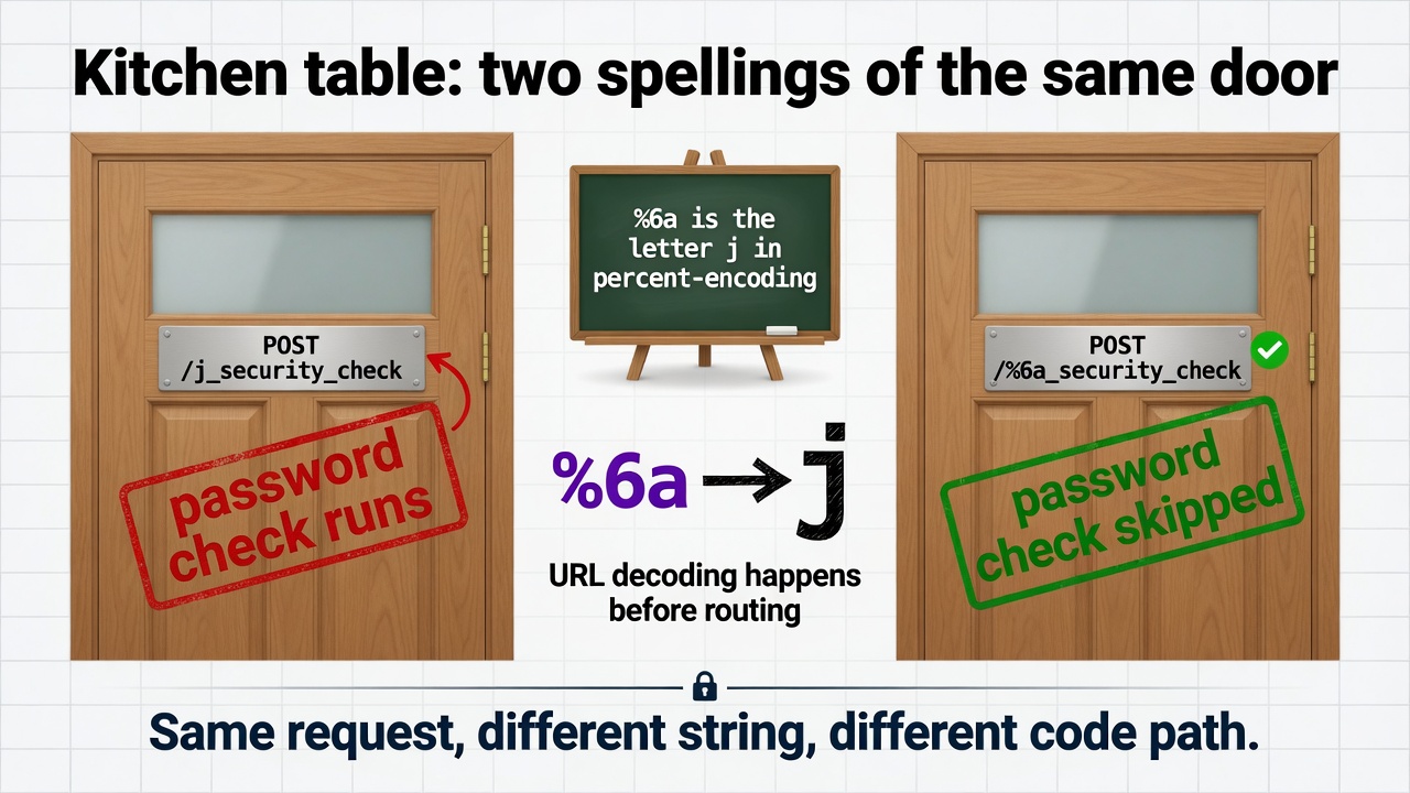 Kitchen-table diagram of j_security_check versus the percent-encoded path