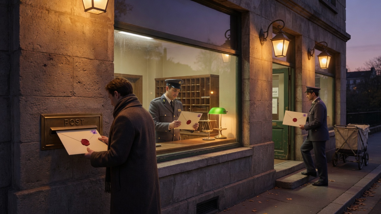 A post office mail slot and a side service door