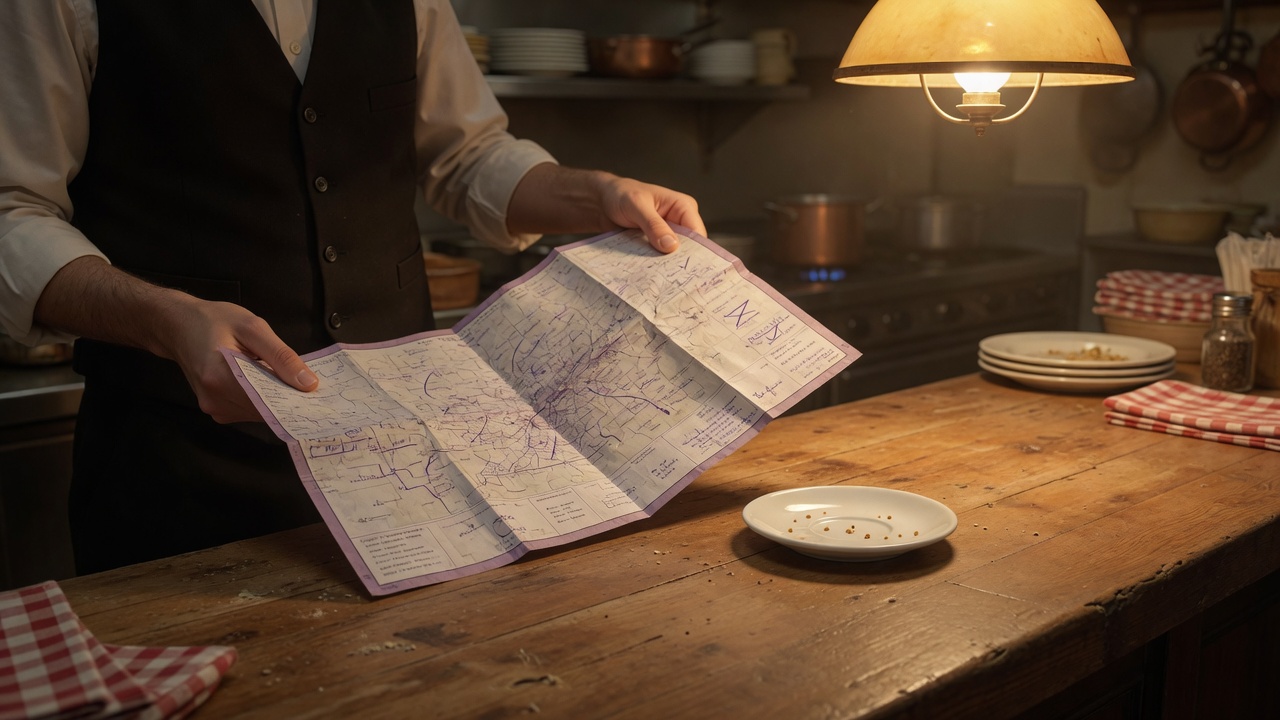 Waiter holding an enormous order ticket next to a tiny saucer