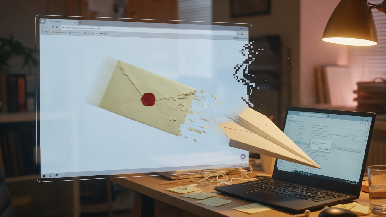 An envelope traveling through a browser window and becoming a paper airplane