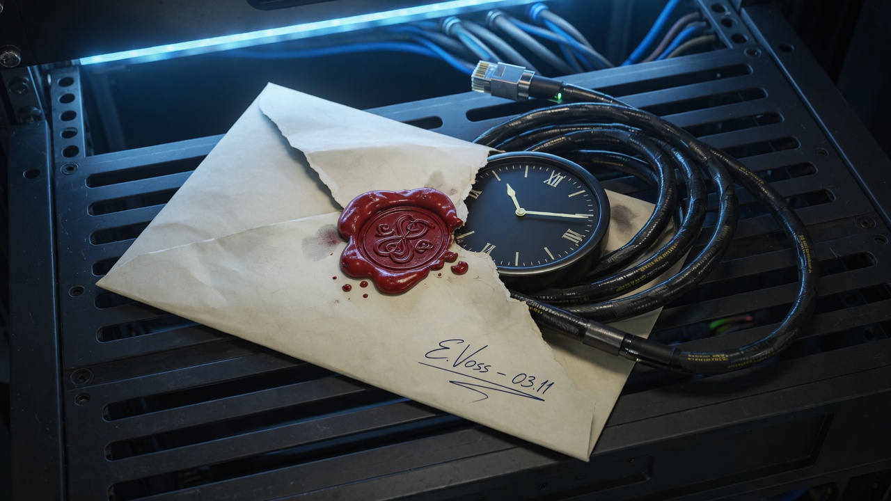 A sliced wax-seal envelope revealing a clock and a coiled cable on a server rack