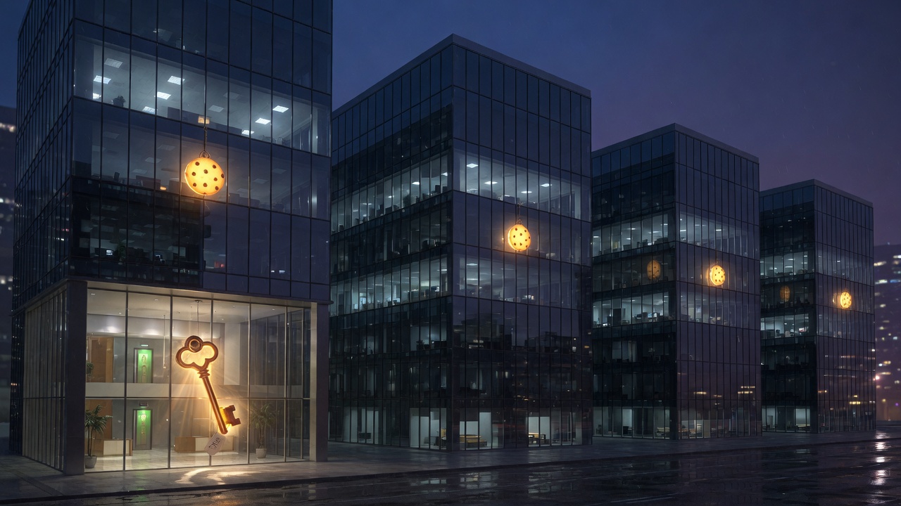 Several glass towers sharing one lobby key that lights lanterns in every window