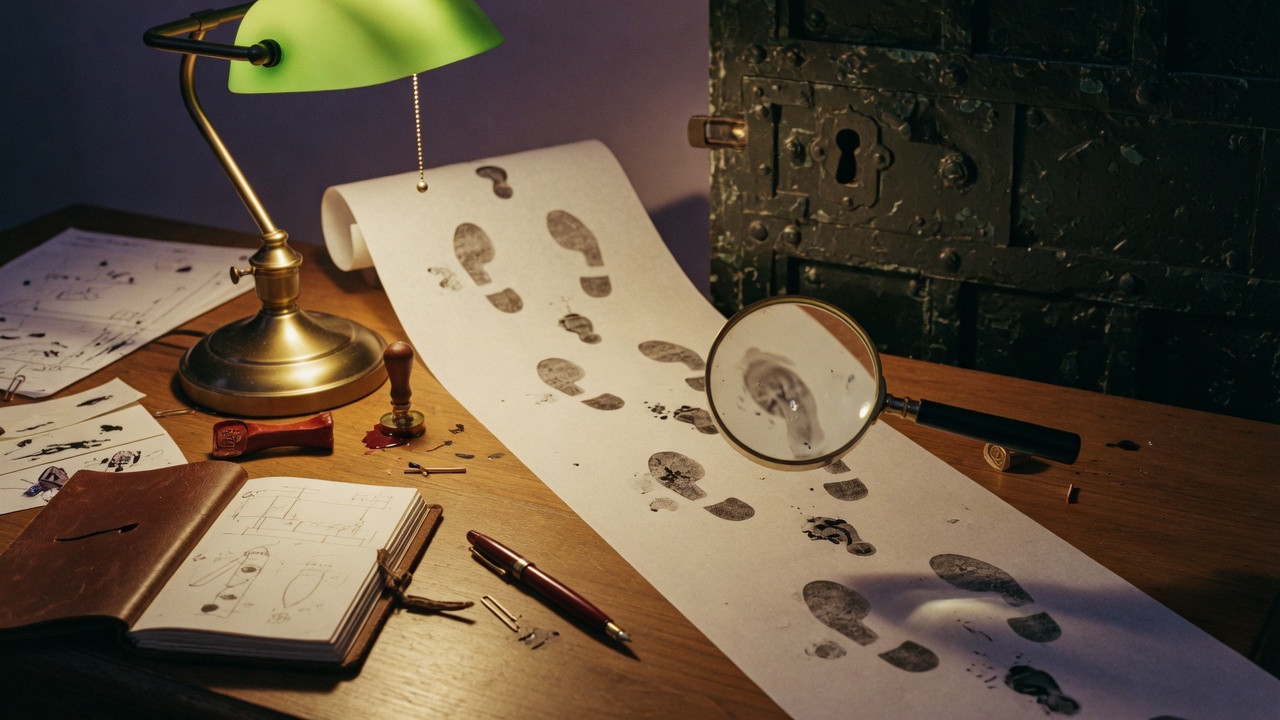 A magnifying glass following ink footprints on tracing paper