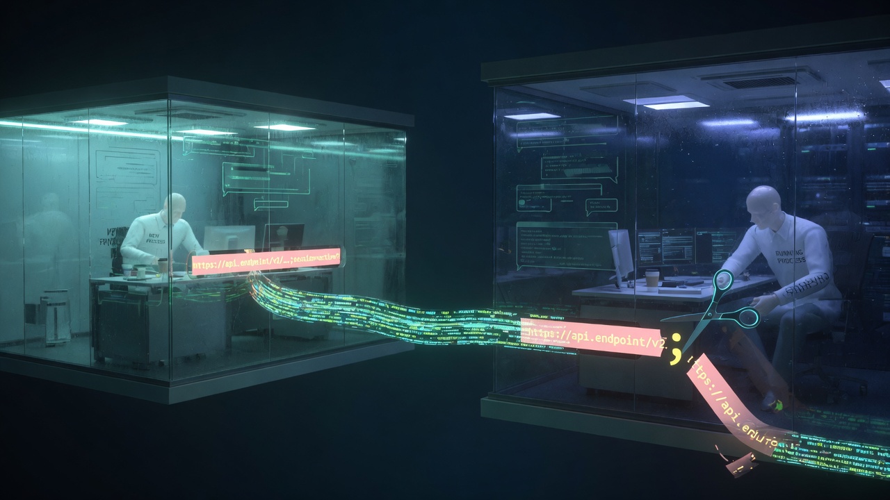 Two glass rooms connected by a conduit of text, standing in for two Telegram processes