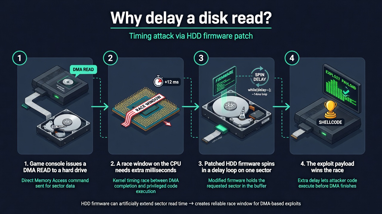 Editorial diagram: console read, race window, firmware delay, exploit win