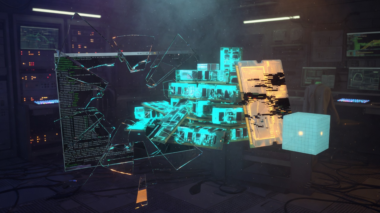 Cinematic illustration of a remote-desktop session fracturing over a corrupted heap