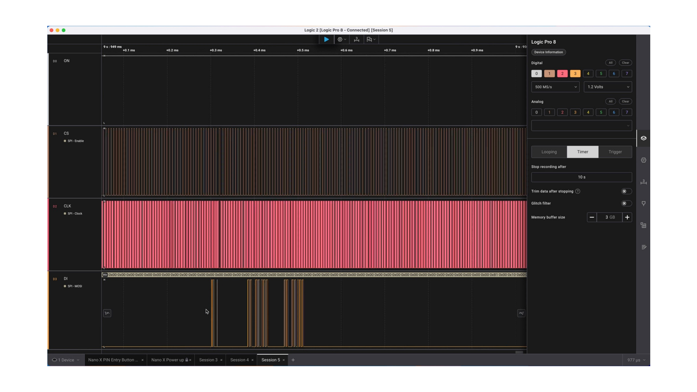 Logic analyzer capture of OLED SPI traffic