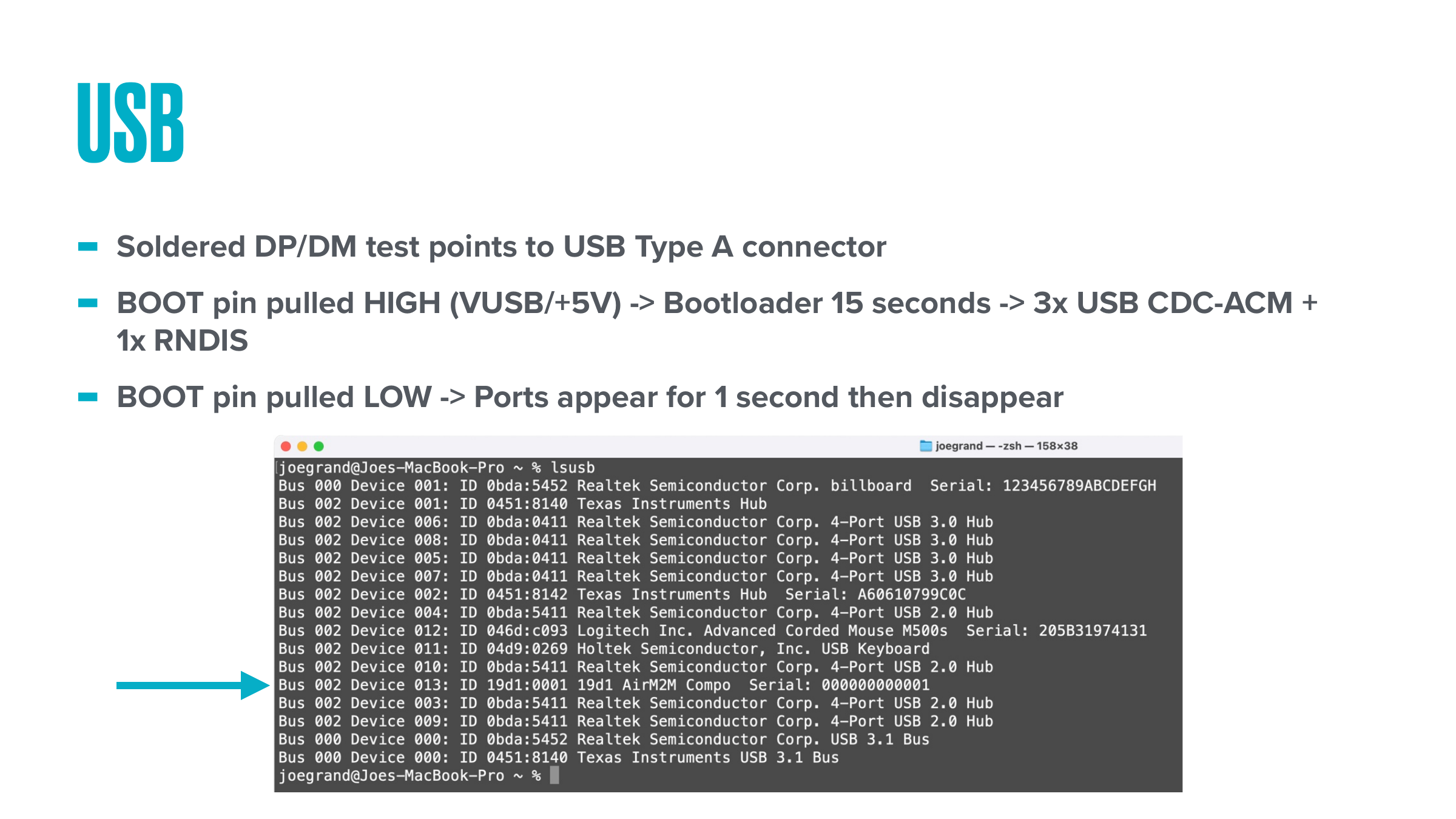 USB: DP/DM soldered out, BOOT high vs low behaviour