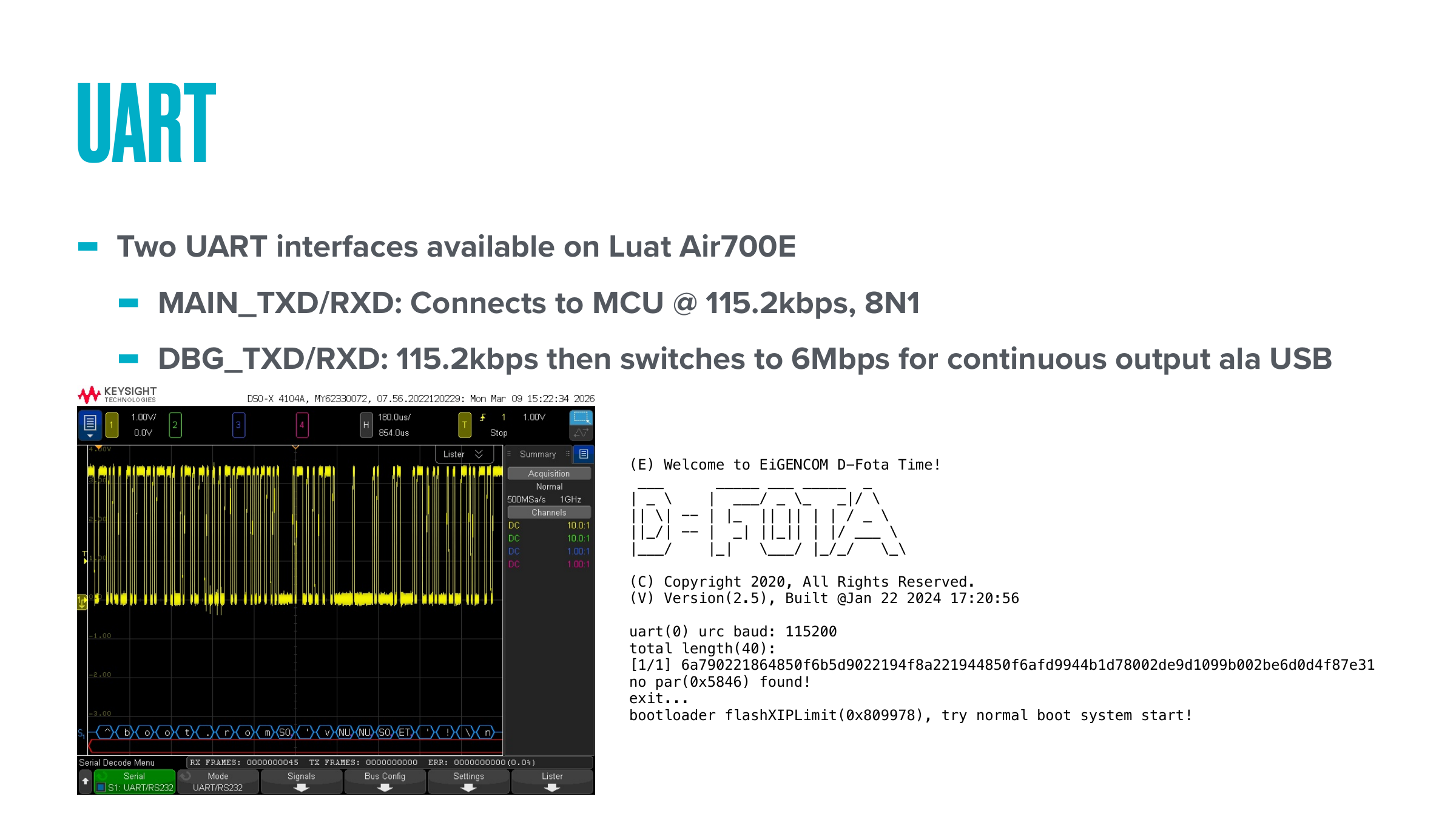 UART interfaces on the Luat Air700E and EiGENCOM D-Fota boot banner