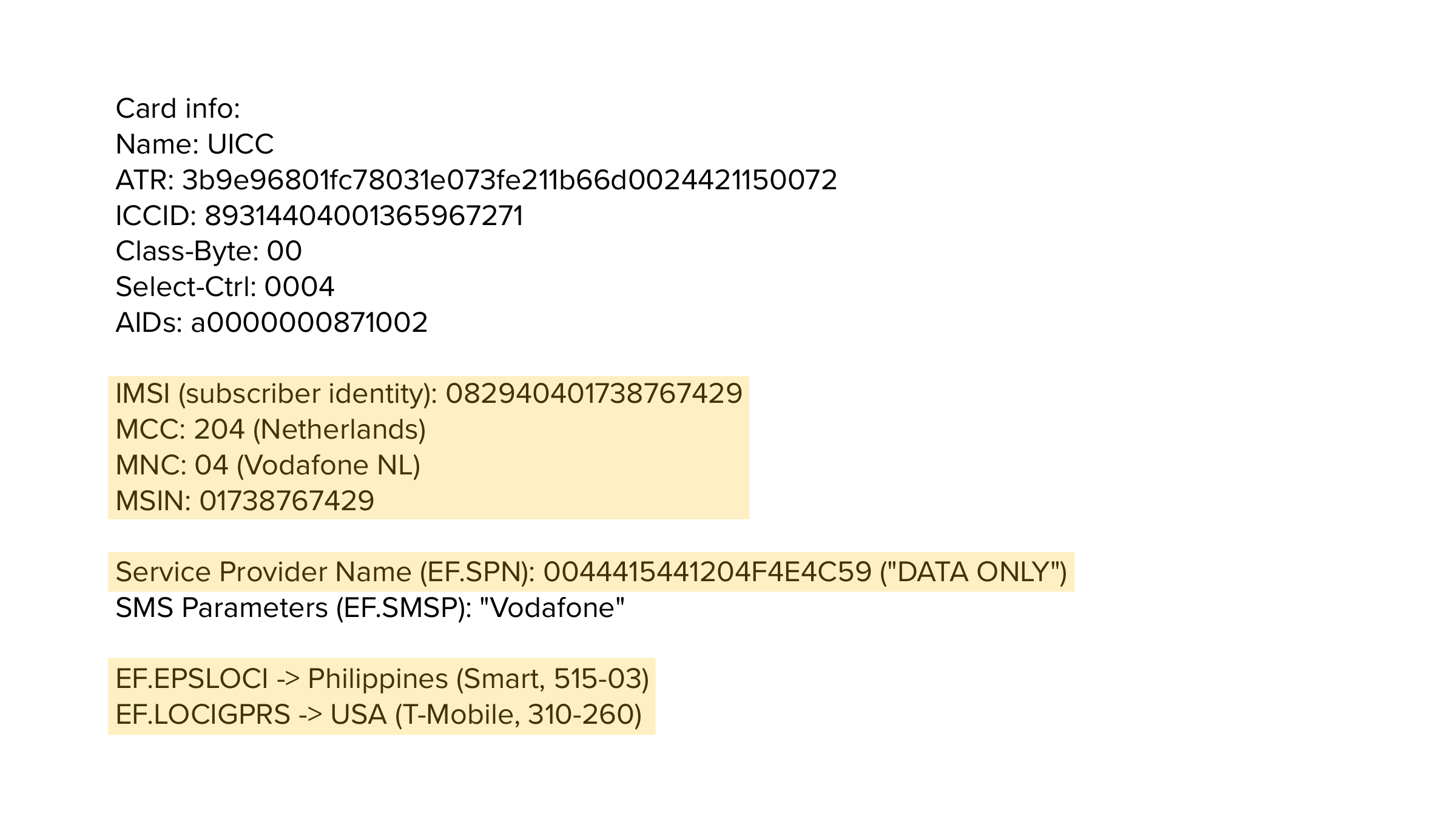PySim dump of the implant eSIM