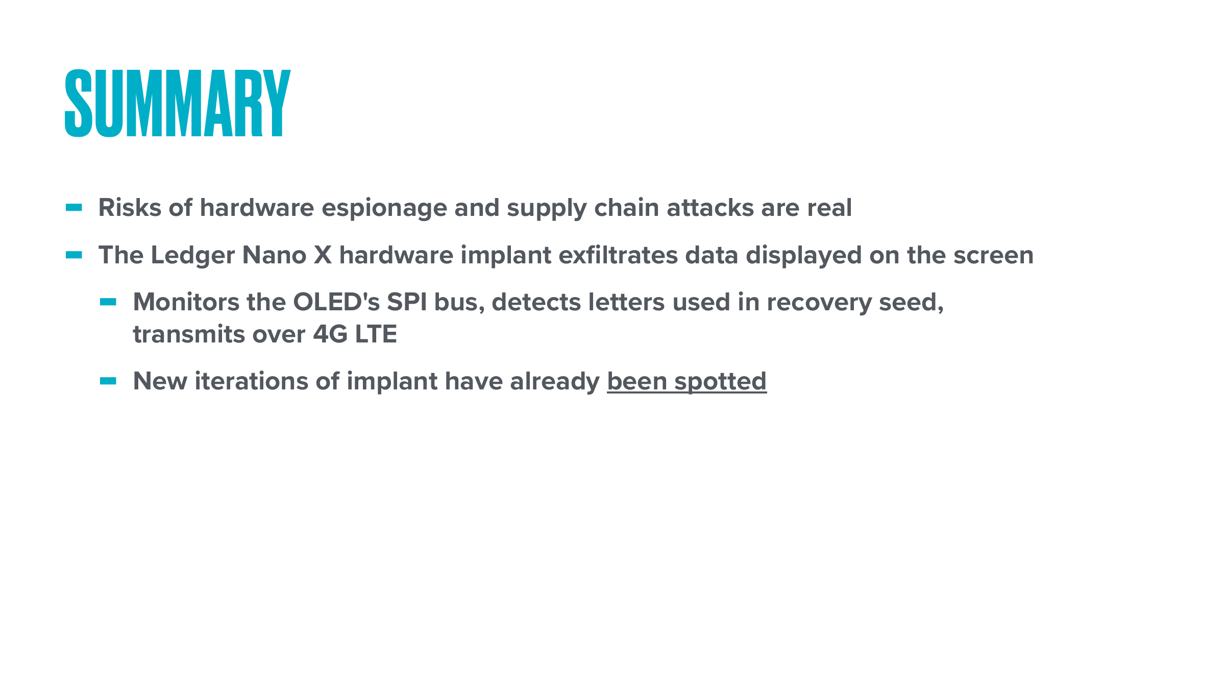 Summary: supply-chain risk is real; SPI glyph match; LTE exfil; new iterations spotted