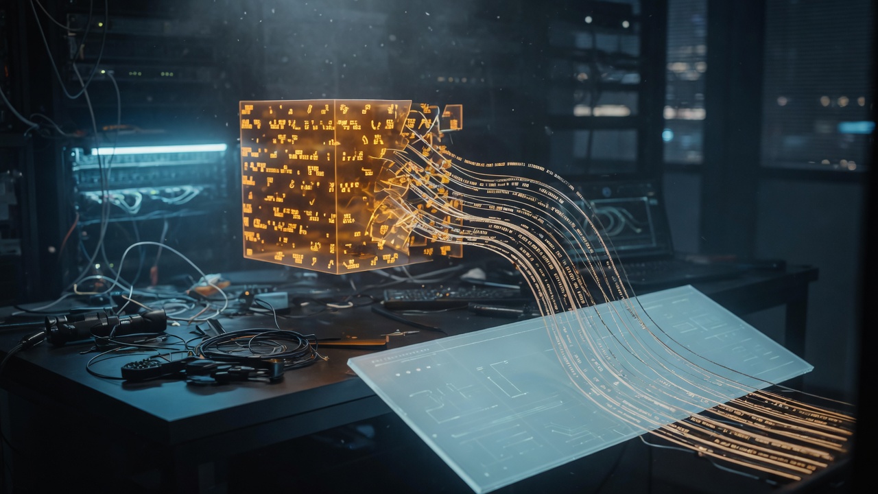Cinematic illustration of bytecode collapsing into native machine code