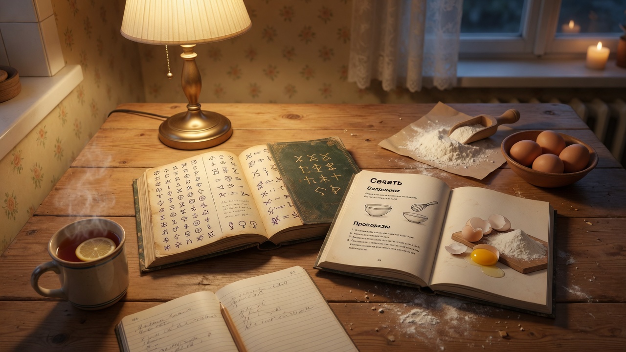 Kitchen-table metaphor of a ciphered cookbook translated into a readable recipe